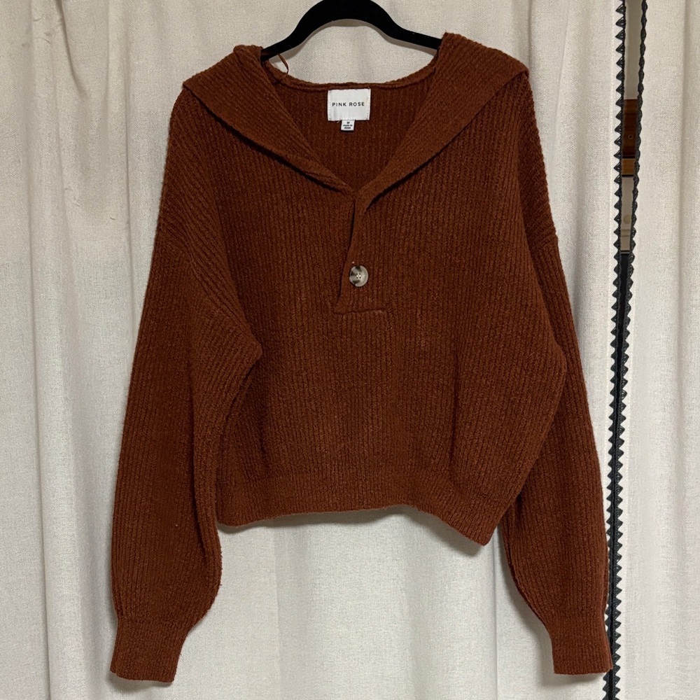 Pink Rose Chocolate Brown Collared V-Neck Pullover